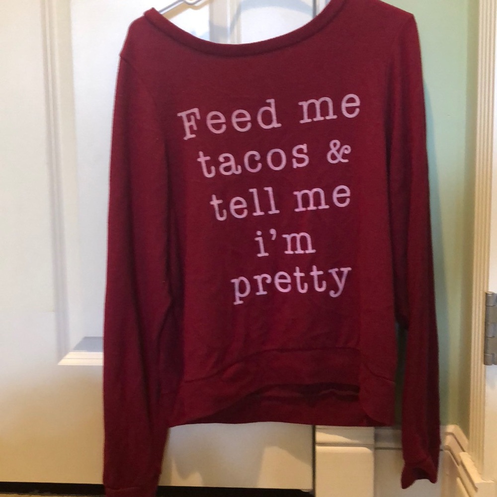 long sleeve red sweater, ‘feed me tacos”